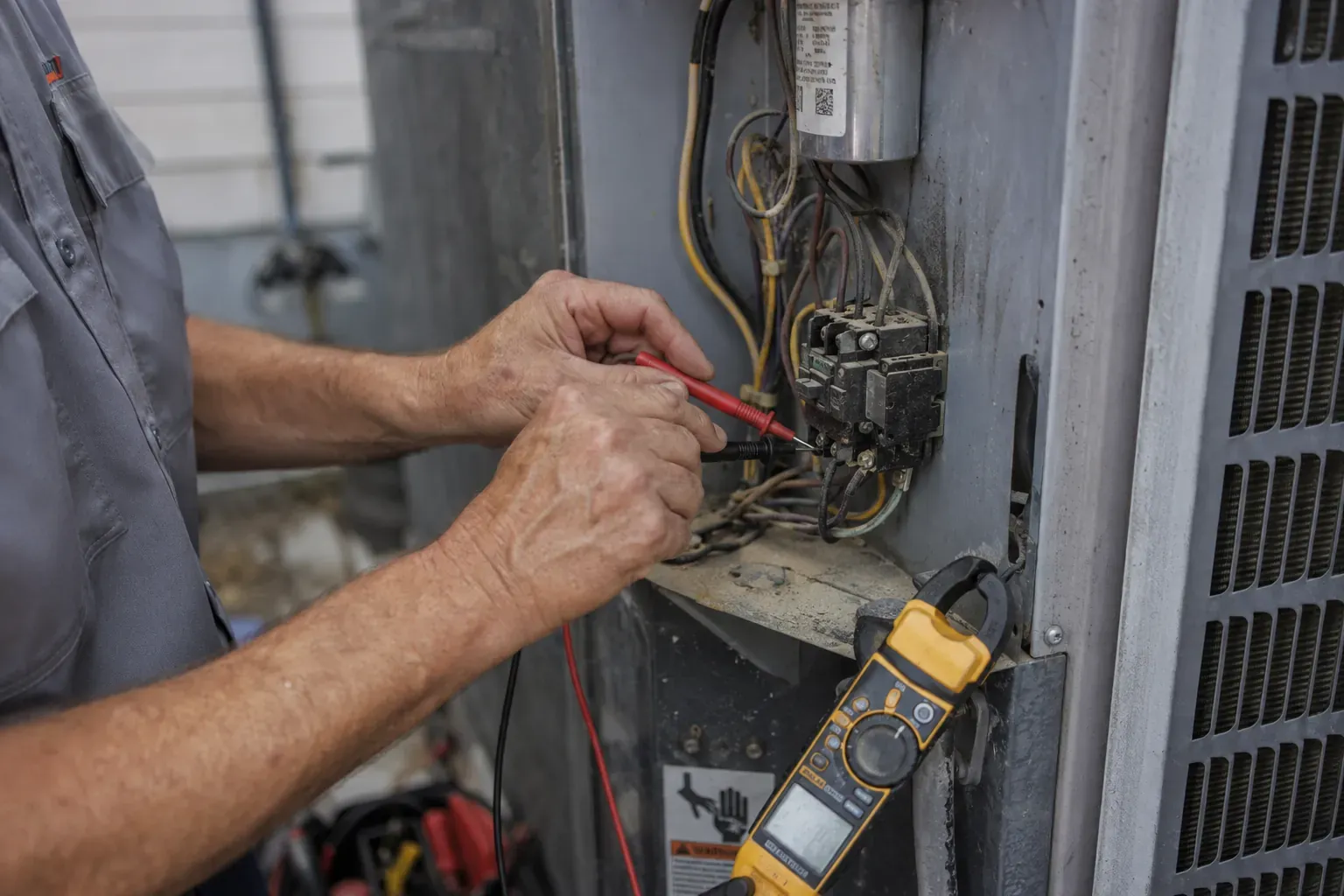 Rapid Response Air technician testing an AC contactor with multimeter probes in Estero, FL
