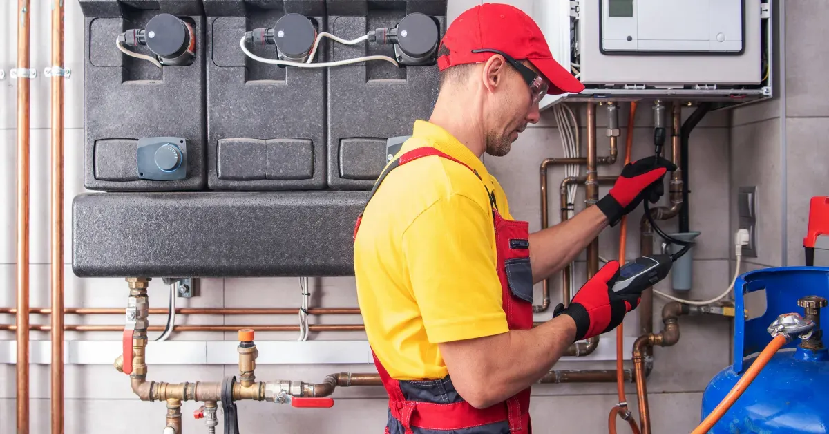 The technician is inspecting the heating system components and gas connections