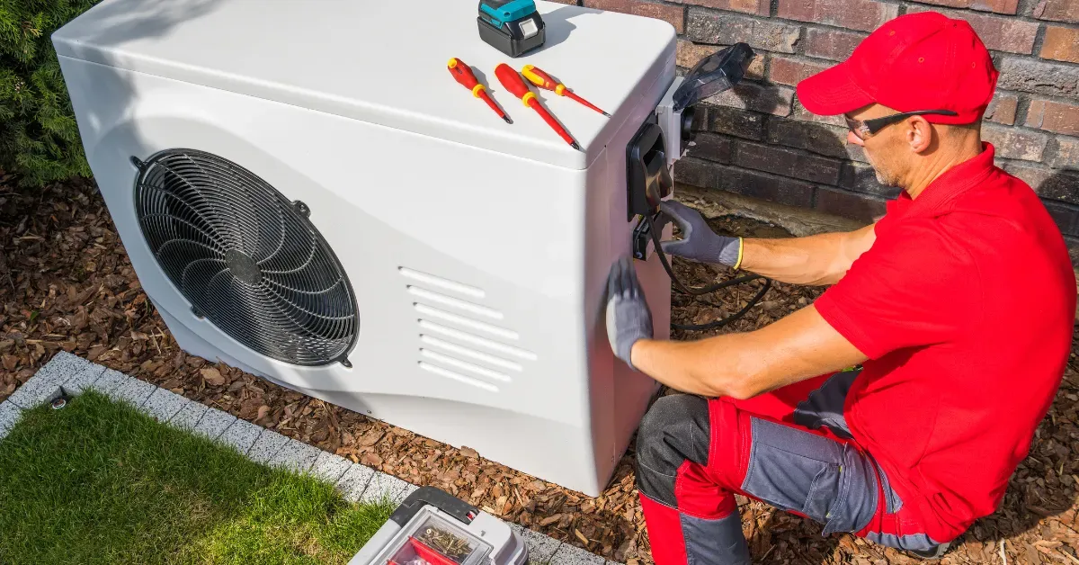 A technician servicing an outdoor AC unit with tools laid on top, ensuring proper performance and airflow