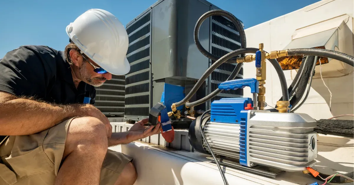 HVAC unit service is being performed with pressure gauges and a vacuum pump connected for system maintenance
