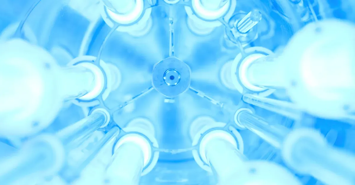 Interior of a UV air sterilization unit with aligned ultraviolet lamps for continuous disinfection