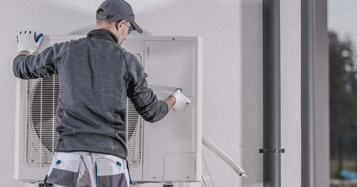Rapid Response crew member accessing the service panel of an outdoor AC condenser unit mounted on a wall