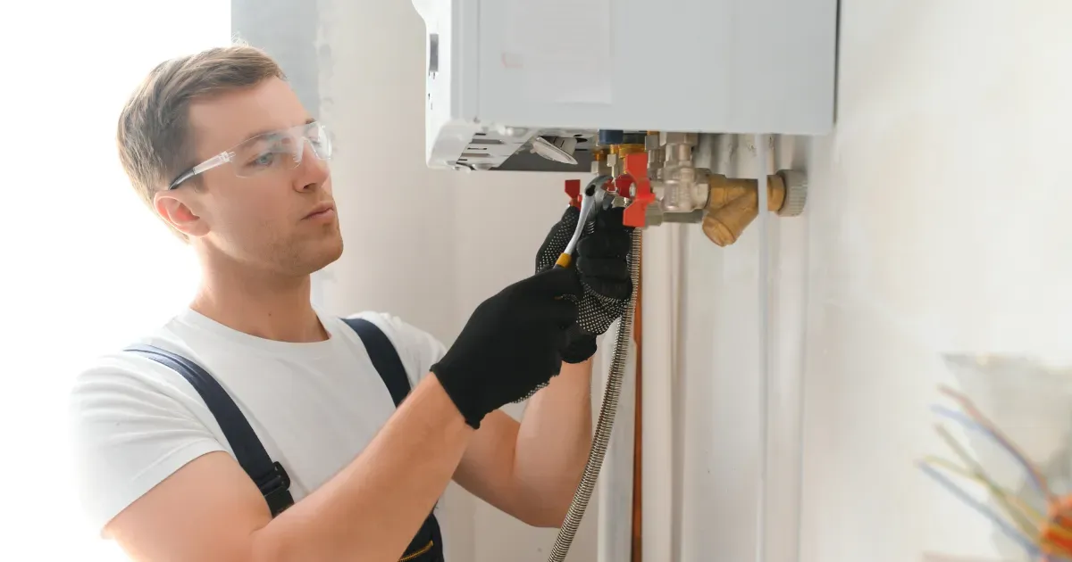 Person working on an indoor HVAC unit mounted on a wall